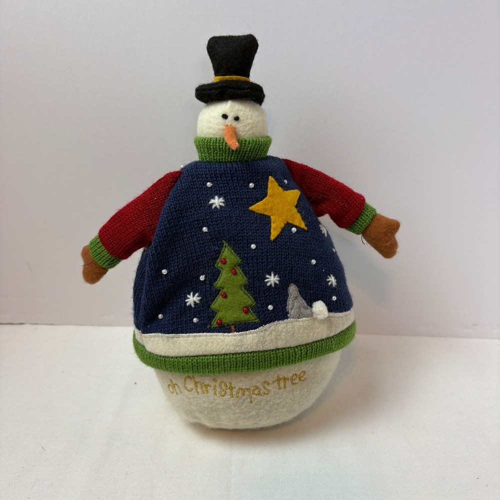Vintage 1990s Plush Snowman Holiday Decor Knit Sweater Oh Christmas Tree 10 inch